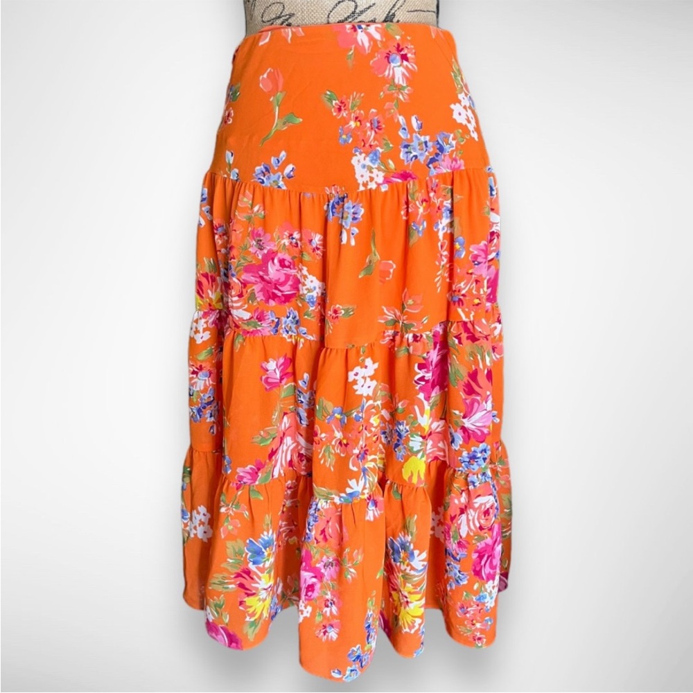 CHAPS Orange Floral Tiered Flowy Maxi Skirt‎ Small | NWOT